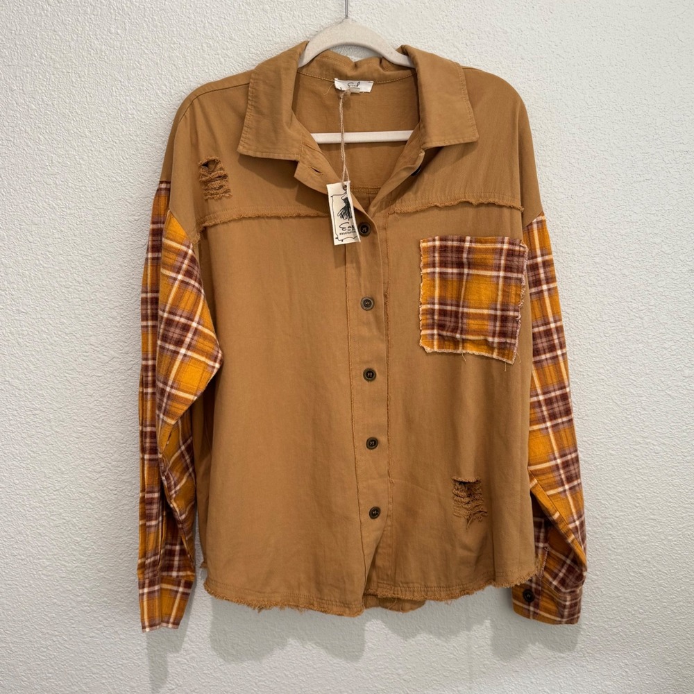 Easel Womens 100% Cotton Button Down M Brown New Distressed Plaid Mixed Media